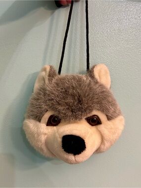 Nanco Wildlife Series Wolf Head Plush Bag Purse Zipper Belt Loop Gray Fox EUC